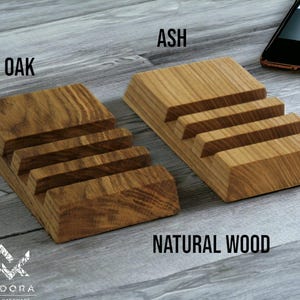Soporte de madera para teléfono, soporte de escritorio de roble: base multidispositivo para 3 teléfonos o tabletas