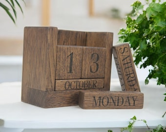 Desk calendar, Wooden Perpetual Calendar, Solid Oak, Handmade, Wenge Color, Desk Office Decor, Gift for Home & Colleagues, Minimalist Design