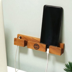 Wooden Wall Phone Holder Handmade Docking Station, Rustic Phone Stand, Minimal Wall Mount, Eco-Friendly Gift for Him or Her