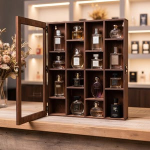 Peut inclure: Une vitrine murale en bois foncé avec une porte vitrée à charnières, comprenant plusieurs compartiments rectangulaires. À l'intérieur, divers flacons de parfum en verre de formes et tailles variées sont disposés sur les étagères, contenant des liquides clairs et teintés.