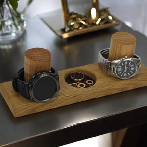 Watch Stand Wood Double Holder with Oak Jewelry Tray and Leather Insert