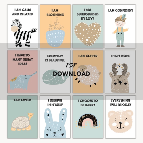 Digital Download Encouragement 30 PRINTABLE Positive Affirmation Cards For Kids Pastel Cute Animals PDF