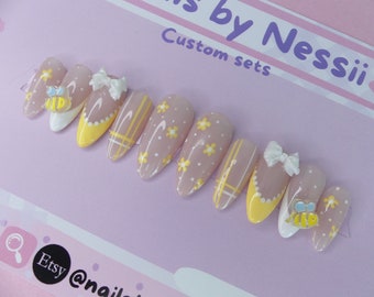 Bumble Bee Press On Nails Yellow French Tip, Hand-Painted Gel, Fake nails