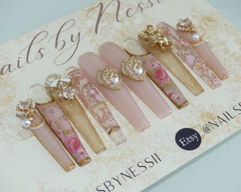 Handmade Gel Press on Nails, Bridgerton French Victorian Style, Cupid Angel Floral Design