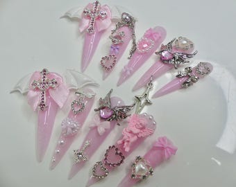 Baby Pink Lace Press On Nails, Pastel Abstract Gothic Set, Reusable Gel Fake Nails