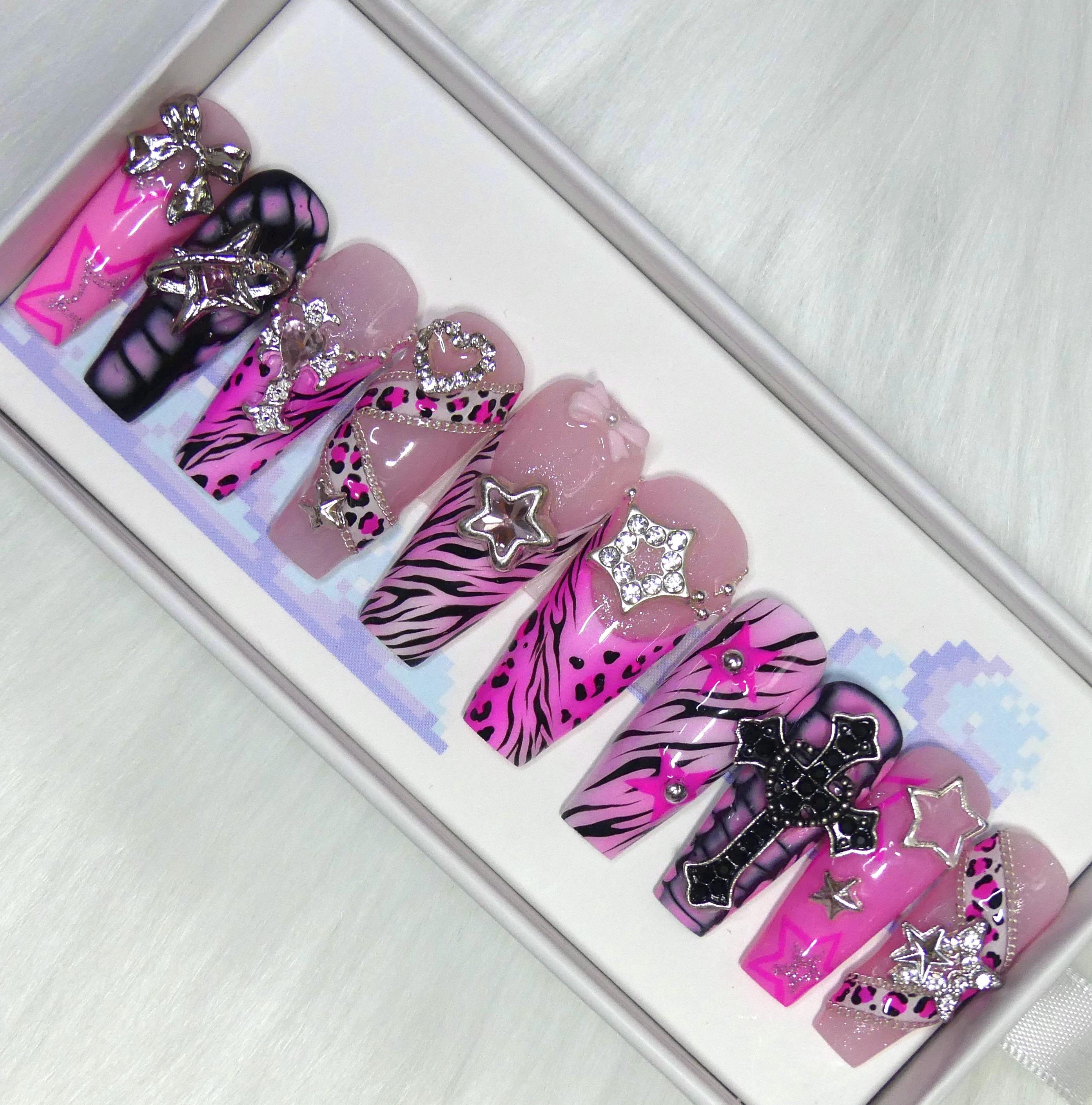 Y2K Pink Zebra Press on Nails, Silver Star Charms, Reusable, Fake