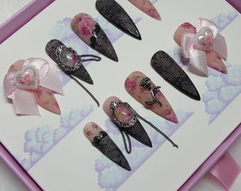 Victorian Black Lace Press On Nails, Stiletto Rose Nail Art, Gel Fake Nails