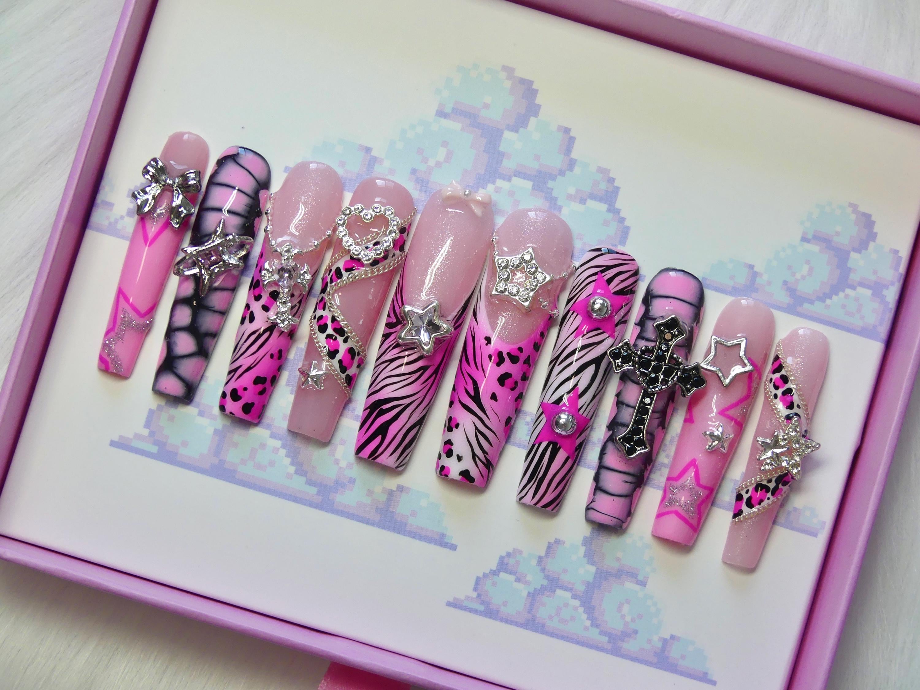 Y2K Pink Zebra Press on Nails, Silver Star Charms, Reusable, Fake