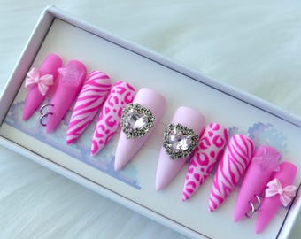 Hand Painted Pink Zebra Leopard Y2K Press on Nails, Reusable Gel Set