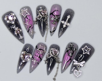 Black Pink Aura Press Nails, Abstract Airbrushed Gel Set, Bling Emo Gothic Fake Nails