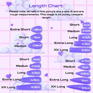 May include: A chart showing different nail lengths in centimetres, labelled as Extra Short, Short, Medium, Long, Extra Long, and XX Long. The chart is on a pink and purple background with hearts and clouds.