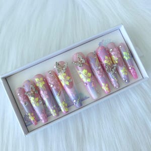 Pastel Hawaiian Hibiscus Flower Press On Nails, Abstract Handpainted Gel Set, Reusable Nail Art image 1