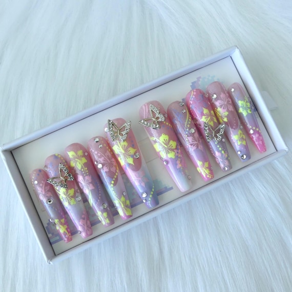 Pastel Hawaiian Hibiscus Flower Press On Nails, Pastel Abstract Handpainted Nail Set, Custom Reusable Nails, Instant Nail Art