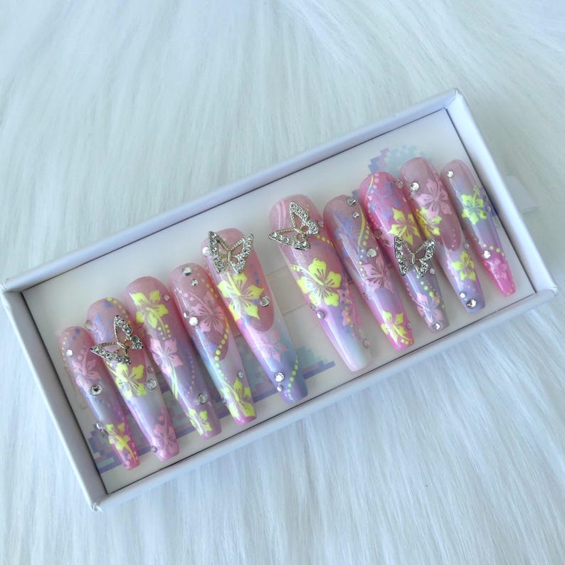 Pastel Hawaiian Hibiscus Flower Press On Nails, Abstract Handpainted Gel Set, Reusable Nail Art image 1