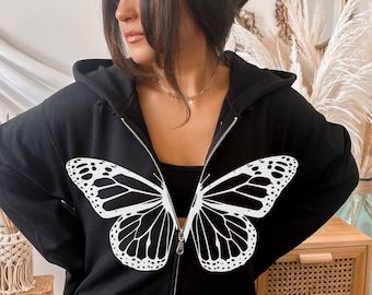 Butterfly Graphic Zip Up Hoodie, Y2K Oversized Sweatshirt