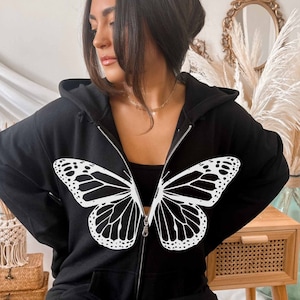 Womens Fashion Casual Monogram Print Long Sleeve Drawstring Hooded  Sweatshirt Butterfly Women Zip Hoodies (Brown, S) at  Women's  Clothing store