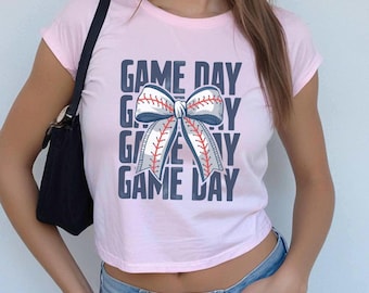 Game Day Baseball Bow Baby Tee Woman, Girls's Cute Game Day Shirt, Vintage Y2K Aesthetic Graphic 90s Baby Tee