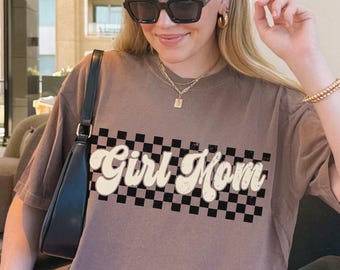 Checkered Girl Mama Comfort Colors® Shirt, Mother's Day Gift, Baby Shower Gift, Retro Mom Oversized Tee, Girl Mom Shirt, Gift for Moms