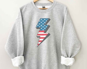 Retro USA Sweatshirt, Lightning Bolt American Flag Crewneck