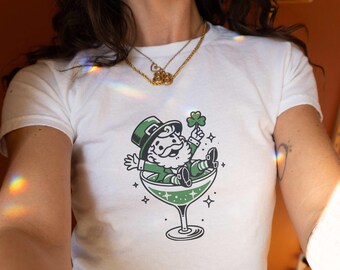 St Patty's Leprechaun Martini Day Baby Tee Women, Trendy Shirt St Paddys Day For Girls, St. Patrick's Day Y2K Baby Tee, Luck of the Irish