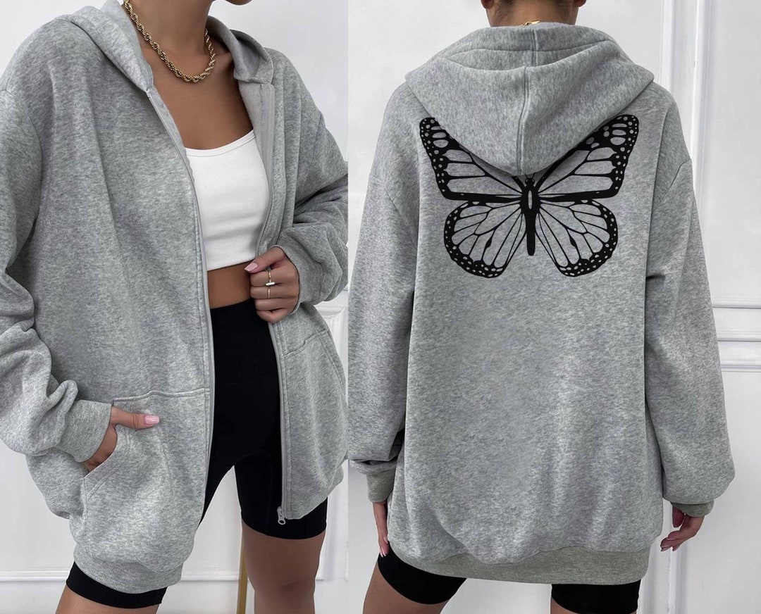 Black & Grey Butterfly Print Zip Up Hoodie