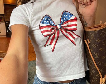 4th of July American Flag Baby Tee, Aesthetic Baby Tee for Women, Coquette Girly Aesthetics, USA Tshirt