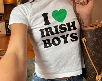I Love Irish Boys Baby Tee Women, Y2k Baby Tee St Paddy, St Patricks Day Trendy Tops For Girls, Aesthetic 90s Baby Tee
