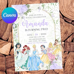 Prinzessinnen-Einladung Prinzessin Geburtstags-Einladung Belle Party Jasmin Aquarell Ariel Editierbare Einladung Aschenputtel Schneewittchen