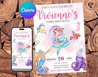 Op de afbeelding: Een roze en blauwe verjaardagsuitnodiging met een zeemeermin, een krab, een zeepaardje en een zeemonster. De uitnodiging luidt "Doe met ons mee om te vieren! Vivienne's derde verjaardag!" en bevat de datum, tijd en locatie van het feest.