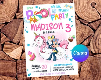 Invitación para fiesta en la piscina de Minnie Mouse, invitación de cumpleaños de Minnie Mouse, fiesta de Mickey Mouse, invitación editable de Minnie Mouse