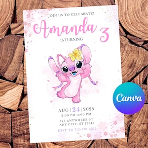 Stitch Invitation Angel Birthday Invitation Stitch Party Angel Watercolor Invitation Angel Editable Invitation