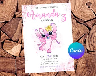 Invitación de Stitch, invitación de cumpleaños de ángel, invitación de acuarela de fiesta de Stitch, invitación editable de ángel