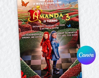 Descendants Birthday Invitation, Editable Canva Template, Red And Chloe 3rd Bday, Wicked Wonderland Party, Girl Digital Download