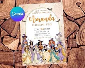 May include: A rectangular birthday invitation card featuring a gold arch, spiderwebs, bats, and stars. The text reads: JOIN US FOR A ROYAL CELEBRATION, Amanda IS TURNING TWO!, AUG 24 2026, 2:00 PM-4:00 PM, 123 ANYWHERE ST, ANY CITY, ST 12345, RSVP TO 712-570-5219.