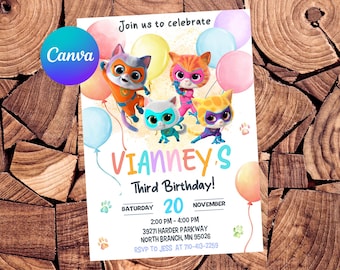 Super Kitties Invitation Super Kitties Birthday Invitation Super Kitties Party Super Kitties Editable Invitation Digital Printable File