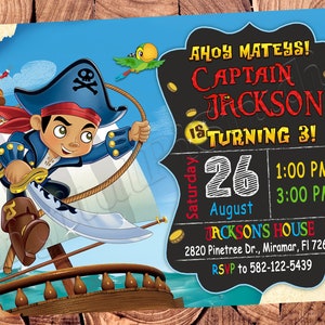 May include: Ahoy Mateys! Captain Jackson is turning 3! Invitation with a cartoon pirate on a ship, a chalkboard with the text "Ahoy Mateys! Captain Jackson is turning 3!" and details for the party.  Saturday, August 26, 1:00 PM - 3:00 PM, Jackson's House, 2820 Pinetree Dr., Miramar, FI 72618, RSVP to 582-122-5439.
