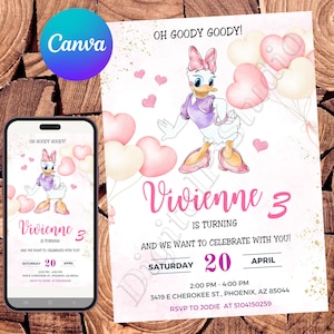 Invito Daisy Duck Invito di compleanno Daisy Duck Festa Daisy Duck Inviti Daisy Duck Invito modificabile acquerello Daisy Duck