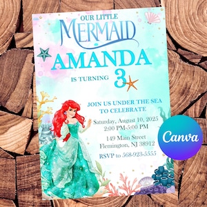 Faire-part petite sirène Faire-part d'anniversaire petite sirène Fête Ariel Faire-part aquarelle petite sirène Faire-part Ariel modifiable
