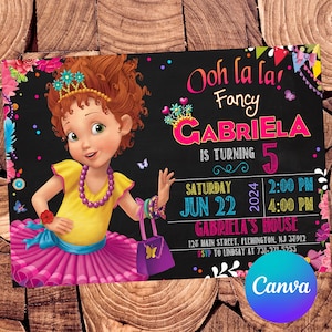 May include: A colorful birthday party invitation featuring a cartoon girl with a tiara and a pink tutu. The invitation reads "Ooh la la! Fancy GABRIELA IS TURNING 5" with event details for June 22, 2024.