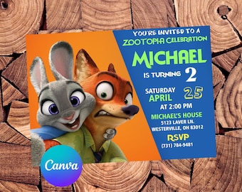 Invito di compleanno a tema Zootropolis, modello Canva modificabile, invito di Nick e Judy, festa a tema Animal City, download digitale per bambino.