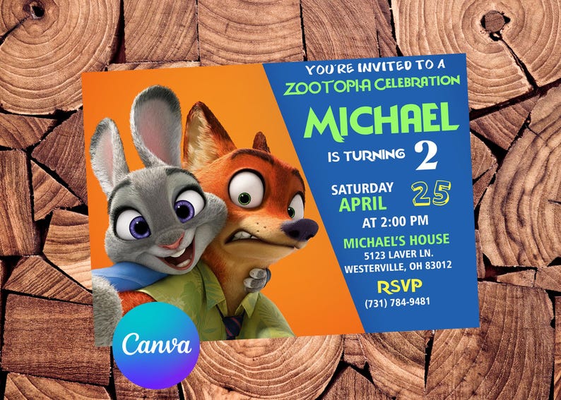 May include: A Zootopia-themed invitation featuring Judy Hopps and Nick Wilde. The invitation is for Michael's 2nd birthday, on April 25th at 2:00 PM. Includes RSVP details.
