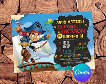 May include: Ahoy Mateys! Captain Jackson is turning 3!  Birthday party invitation with a pirate theme.  The invitation features a cartoon pirate holding a sword on a ship.  The invitation includes the date, time, and location of the party.  RSVP to 582-122-5439.