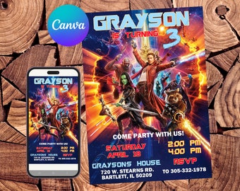 Invitación de Guardianes de la Galaxia Invitación de cumpleaños de Guardianes de la Galaxia Fiesta de Groot Tarjeta digital de Groot Invitación editable de Groot