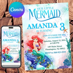 Faire-part petite sirène Faire-part d'anniversaire petite sirène Fête Ariel Faire-part aquarelle petite sirène Faire-part Ariel modifiable