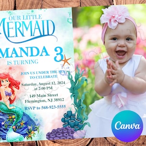 Convite Pequena Sereia Convite de Aniversário Pequena Sereia Festa Ariel Convite Pequena Sereia Aquarela Convite Ariel Editável