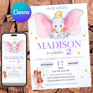 Dumbo Convite Dumbo Convite De Aniversário Festa Dumbo Dumbo Convida Dumbo Convite Editável Em Aquarela Arquivo Digital Para Impressão