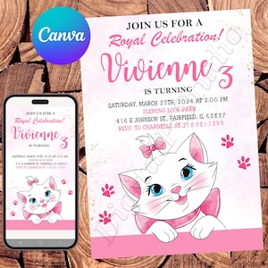 Convite Aristocats Convite Marie Convite Aniversário Aristocats Festa Aristocats Convite Aquarela Editável