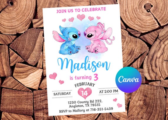 Stitch Invitation Stitch and Angel Birthday Invitation Stitch Party Stitch Watercolor Invitation Editable Invitation
