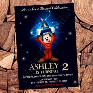 May include: A black and blue birthday invitation with a cartoon image of Mickey Mouse dressed as a magician. The text reads "Join us for a Magical Celebration Ashley 2 is turning Saturday, March 25th, 2023 from 2:00 PM-4:00 PM Fleming Loop Park 416 E Johnson St, Fairfield, IL 62837 RSVP: To Evie at 718-381-1299"