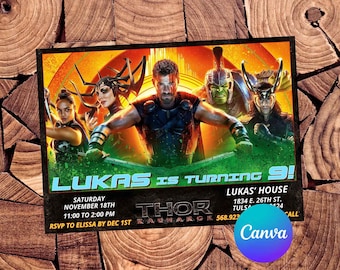 Invitación de Thor, plantilla editable de Canva, fiesta de superhéroes de Ragnarok, invitación de Loki y Hulk, descarga digital para niño